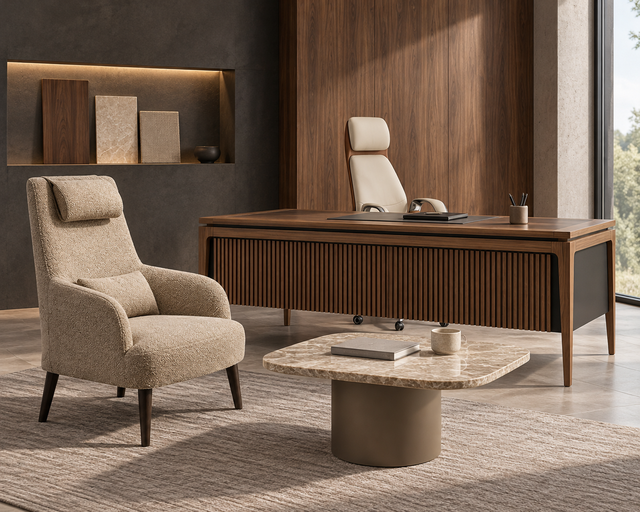 LUCTAS desk, NICE executive chair, DAL SEHPA and LA BERJ · OFFI illustrative setting